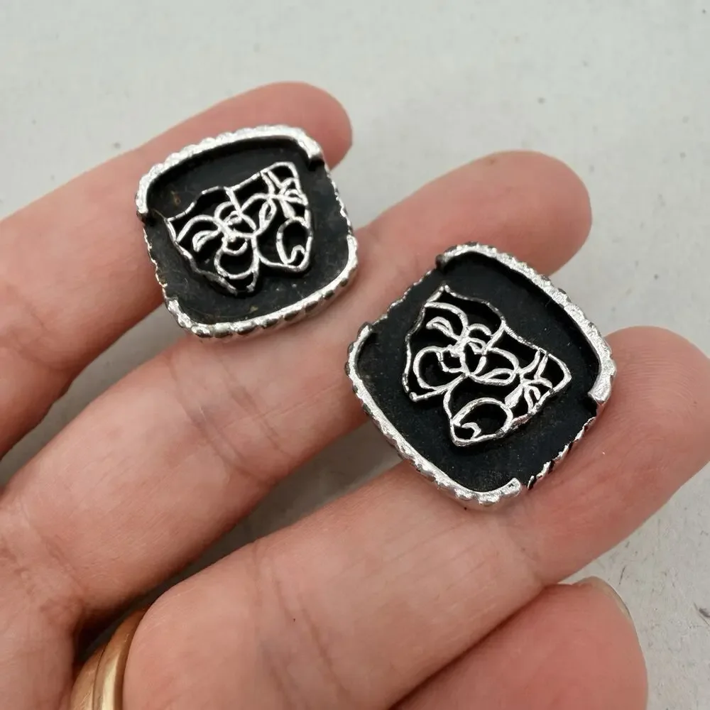 Vintage Performing Arts Comedy Tragedy Theater Mask Cufflinks Black Silver Tone